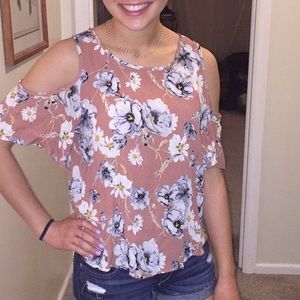 Flowy Peach Floral Open Shoulder Shirt